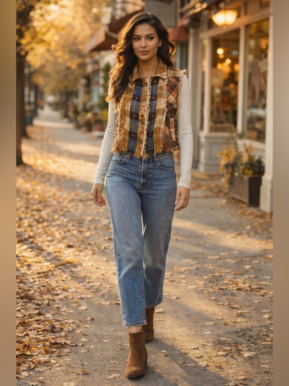 BKE Patchwork Plaid Vest Large Cropped Fringe Boho Flannel Corduroy